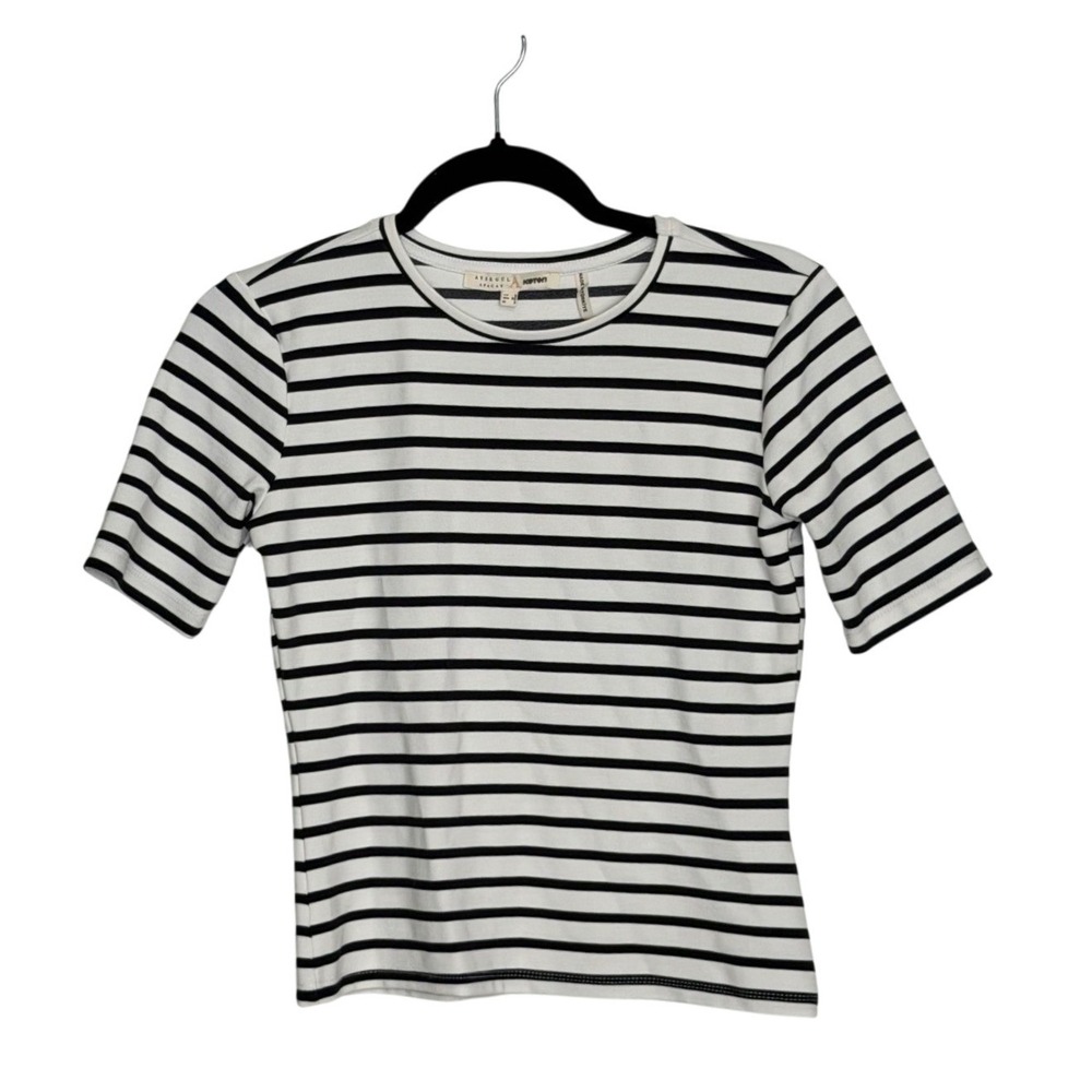Koton Aysegul Afacan Womens Striped Short Sleeve T-Shirt White Black Small
